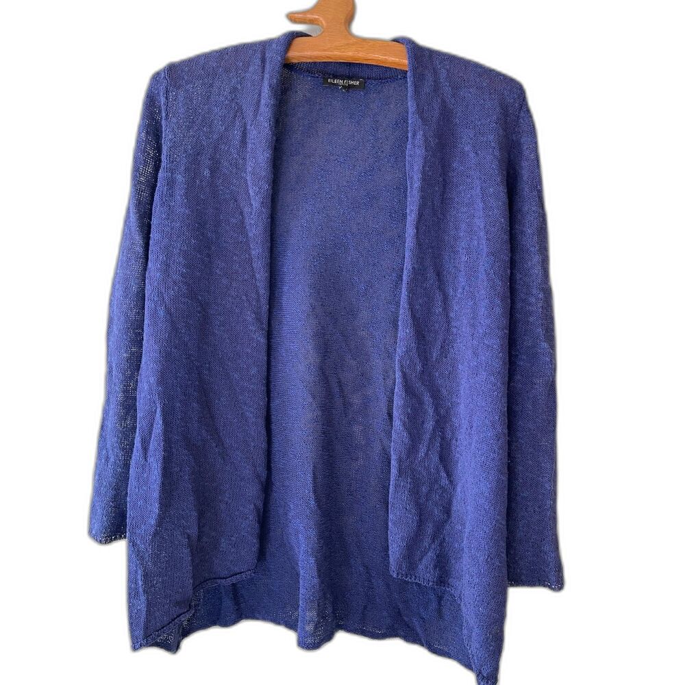 Womens Royal Blue Eileen Fisher Open Front Cotton Blend Cardigan Sweater SIZE PM